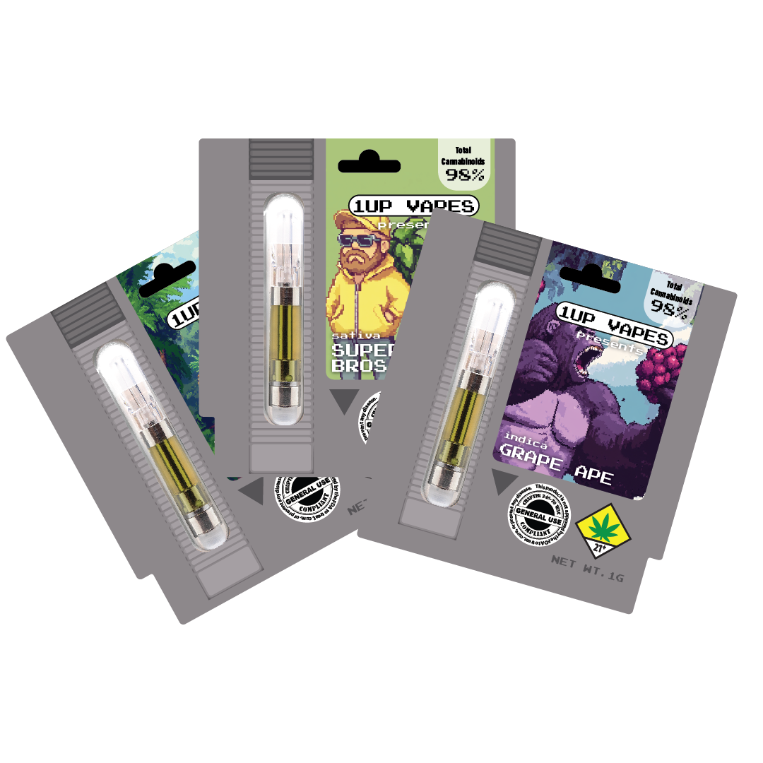 A selection of 1UP cannabis vape cartridge packages