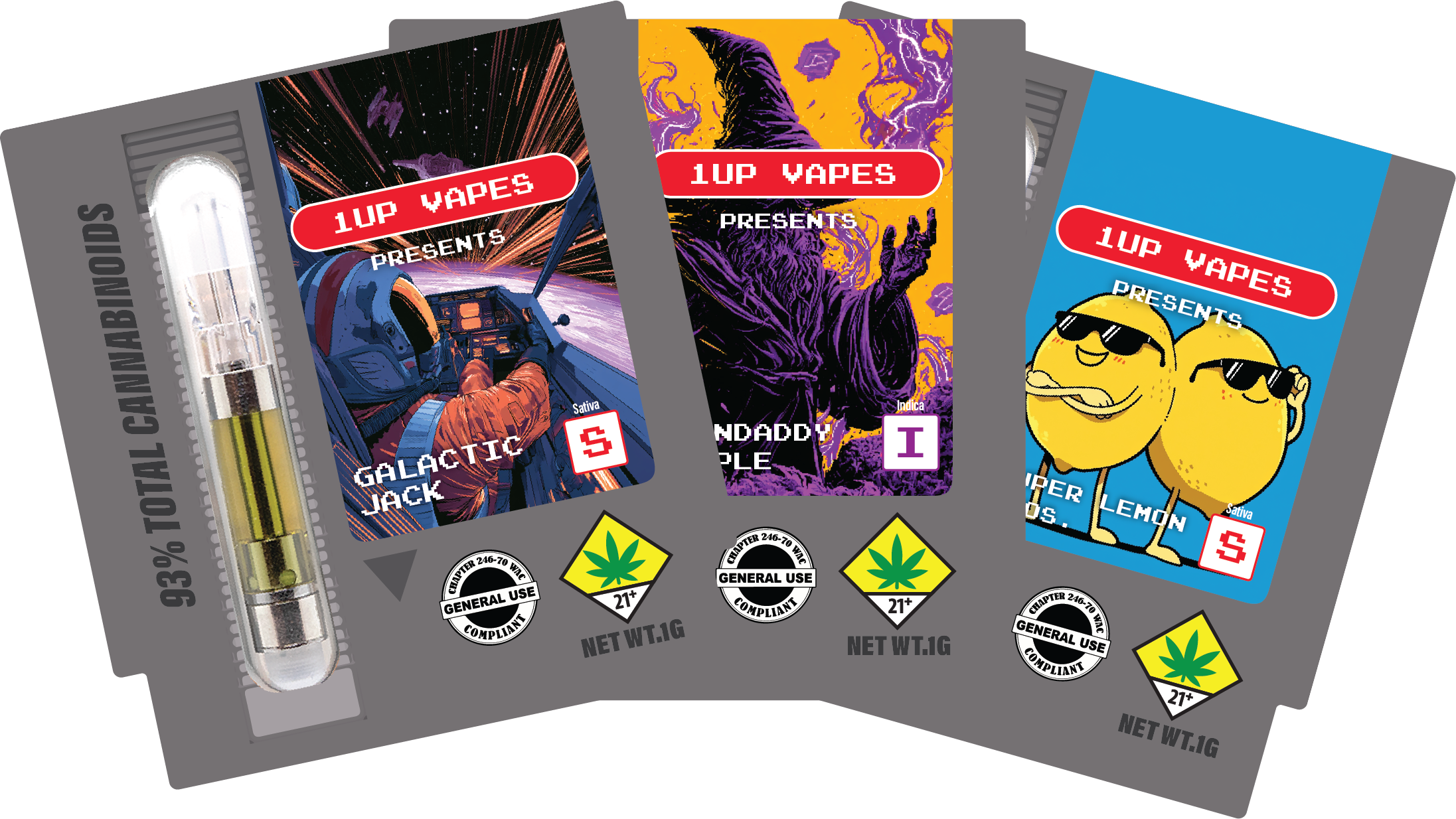 A selection of 1UP cannabis vape cartridge packages